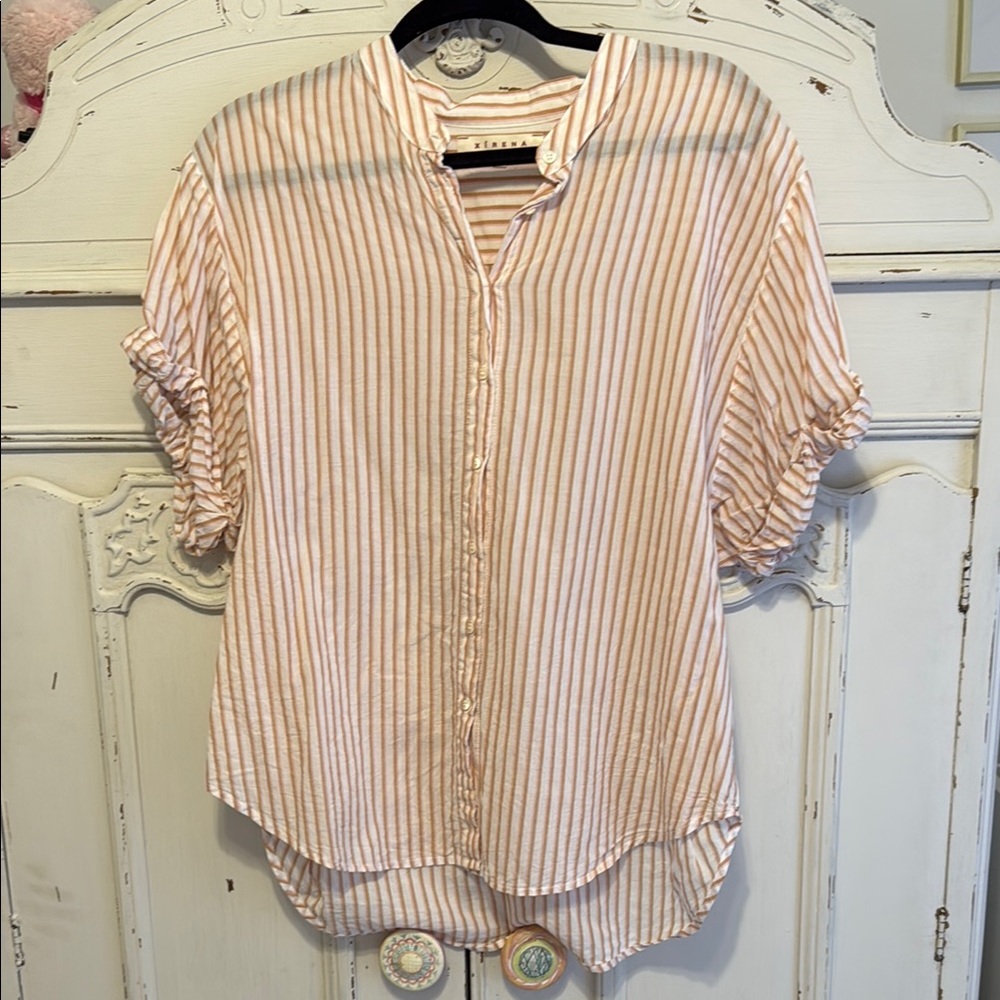 Xirena Women's Striped Top - Pink, orange white stripe short sleeve button down